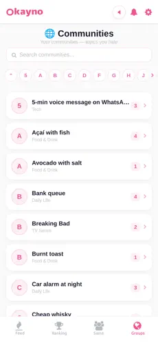 Okayno app screenshot — Comunidades