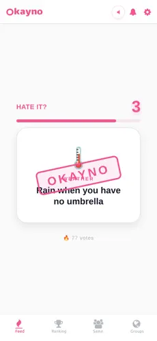Okayno app screenshot — Feed — Hate it?