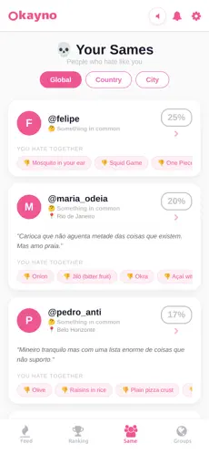Okayno app screenshot — Seus iguais